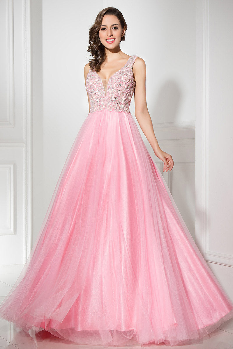 Pink Beaded A-line Tulle Open Back Long Prom Dress, BS31