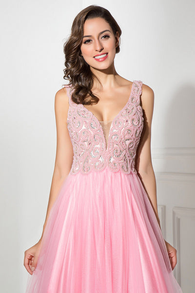 Pink Beaded A-line Tulle Open Back Long Prom Dress, BS31