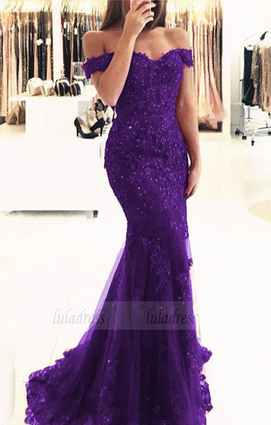 purple lace mermaid prom dresses beaded v neck evening gowns off the shoulder prom dress,BD98057