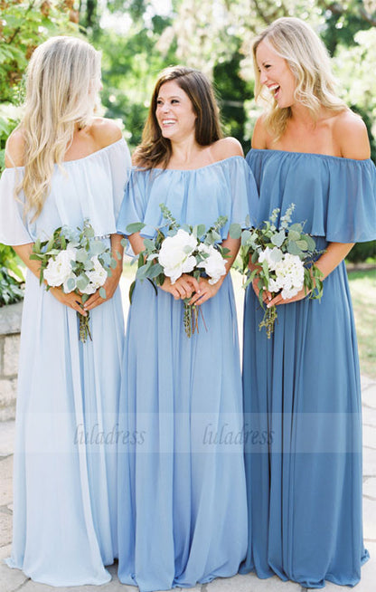 A-Line Off the Shoulder Bridesmaid Dresses, Long Light Blue Bridesmaid Dresses