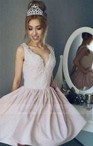 A-Line V-Neck Ruched Short Pearl Pink Satin Homecoming Dress with Beading,Mini Prom Dress