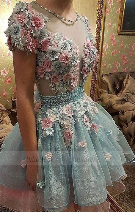 Cute 3D flowers short prom dress, homecoming dress