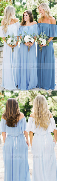 A-Line Off the Shoulder Bridesmaid Dresses, Long Light Blue Bridesmaid Dresses,BD98266