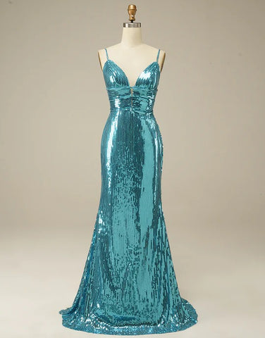 Blue Mermaid Open Back Long Prom Dresses
