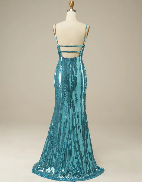 Blue Mermaid Open Back Long Prom Dresses,BD930650