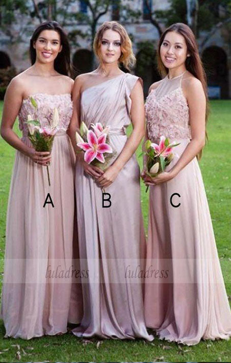 A-Line Sleeveless Pink Chiffon Bridesmaid Dress with Appliques,BD99348