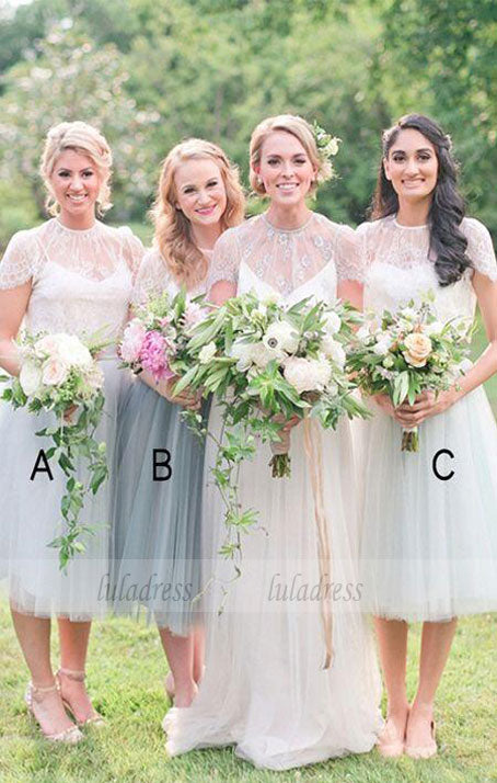 Multi Styles A-Line Jewel Cap Sleeves Tulle Long Bridesmaid Dress with Lace,BD99345