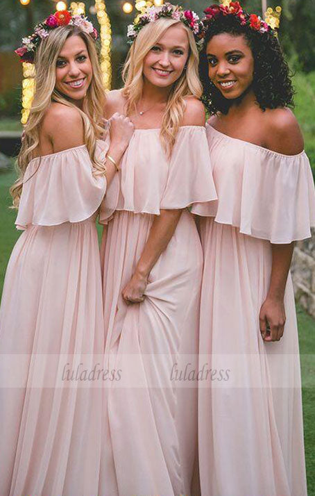 Elegant A-Line Off-the-Shoulder Pink Chiffon Floor-Length Bridesmaid Dress