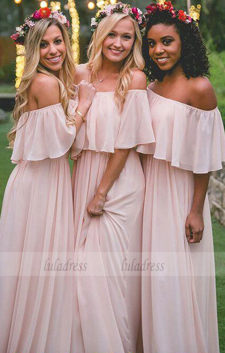 Elegant A-Line Off-the-Shoulder Pink Chiffon Floor-Length Bridesmaid Dress,BD99344