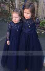 Lovely Dark Navy Tulle Backless Flower Girl Dresses with Long Lace Sleeves