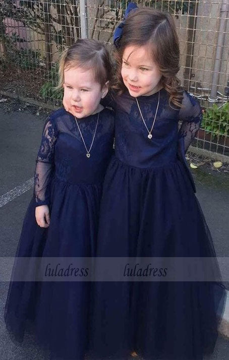 Lovely Dark Navy Tulle Backless Flower Girl Dresses with Long Lace Sleeves