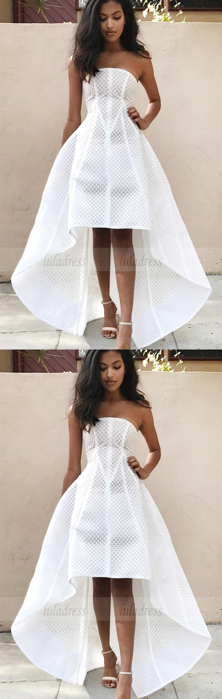 Elegant White Strapless High Low Sleeveless A-line Prom Dress Custom Color / US2