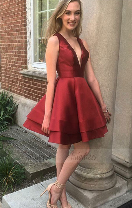 v neck prom short dress,burgundy homecoming dress,short cocktail dresses,BD99905