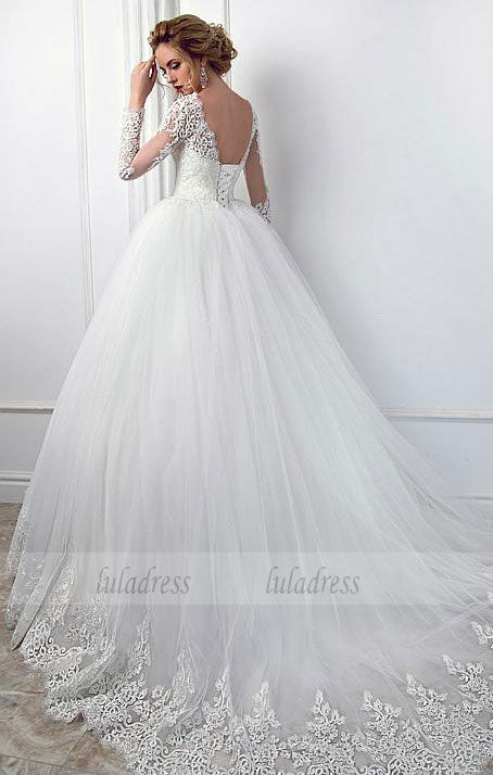 Sheer Neck Ivory Wedding Dress with Long Sleeves