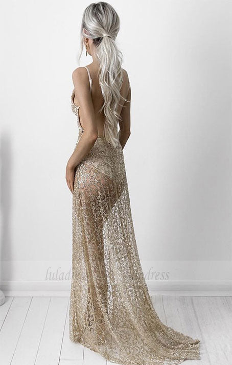 Sheath Spaghetti Straps Lace Prom Dress