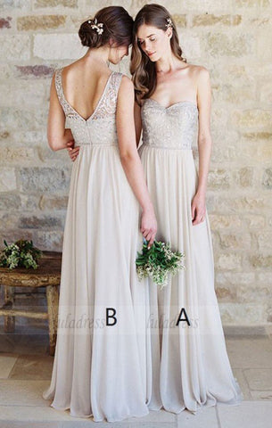 A-Line Sweetheart Light Grey Chiffon Bridesmaid Dress with Lace,BD99842
