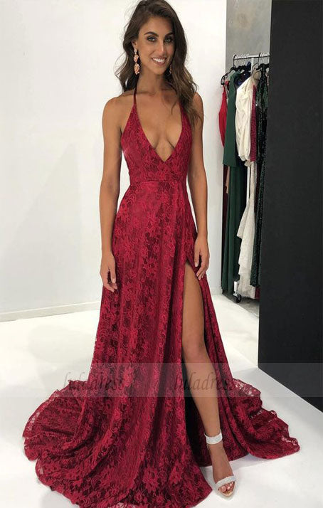 elegant halter deep v neck burgundy lace long evening dress with slit, formal evening dress,BD98738