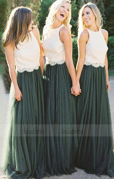 A-Line Bridesmaid Dresses, Round Neck Bridesmaid Dresses, Dark Green Bridesmaid Dresses with white Lace,BD98098