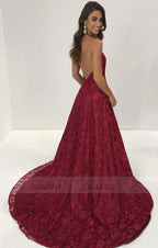 elegant halter deep v neck burgundy lace long evening dress with slit, formal evening dress