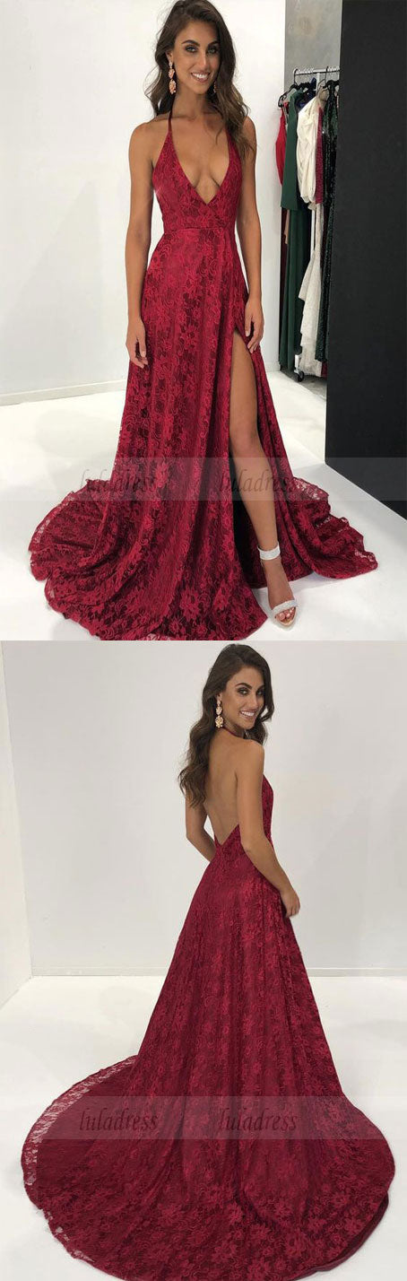 elegant halter deep v neck burgundy lace long evening dress with slit, formal evening dress