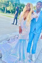 Beautiful V Neck Sky Blue Sequins Prom Dress Mermaid