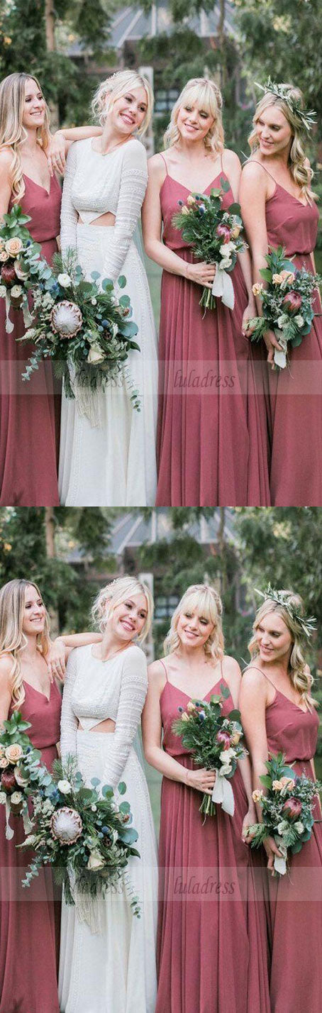 Fashion A-Line Spaghetti Straps Blush Chiffon Long Bridesmaid Dress