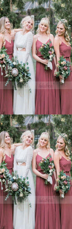 Fashion A-Line Spaghetti Straps Blush Chiffon Long Bridesmaid Dress