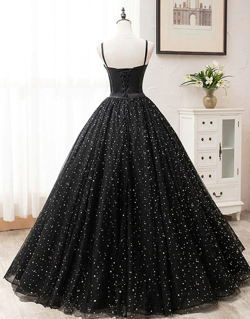 A Line Black Prom Dresses 2024 Long Evening Gowns Spaghetti Straps –  MyChicDress