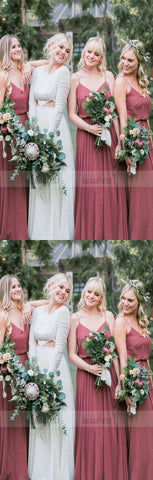 Fashion A-Line Spaghetti Straps Blush Chiffon Long Bridesmaid Dress