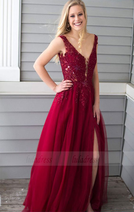 V-Neck Floor-Length Prom Dress with Appliques Beading,BD98673