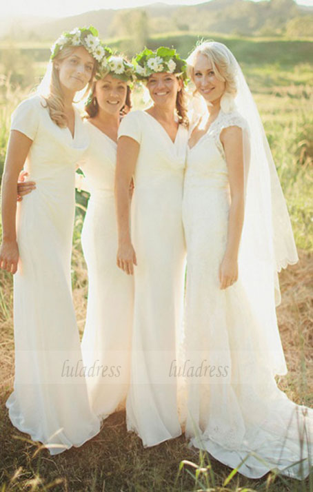 Sheath V-Neck Short Sleeves Floor-Length Chiffon Bridesmaid Dress,BD99843
