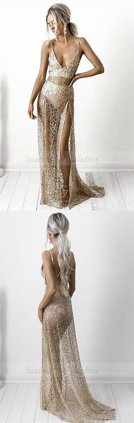 Sheath Spaghetti Straps Lace Prom Dress