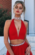 two piece prom dress,high neck prom dress,tulle prom dress,red evening gowns
