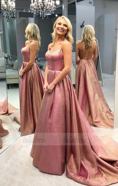 A-Line Spaghetti Straps Backless Sweep Train Rose Pink Prom Dress with Pleats,BD99548
