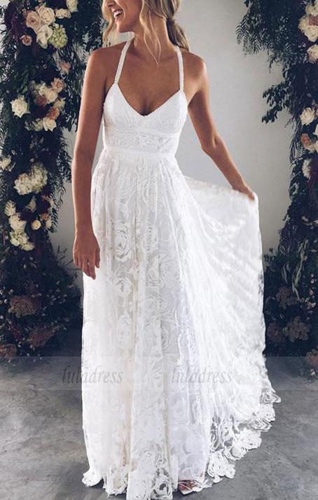 v neck lace long wedding dress, white bridal dress