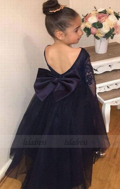Lovely Dark Navy Tulle Backless Flower Girl Dresses with Long Lace Sleeves