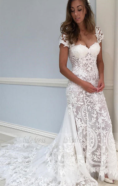 Gorgeous Cap Sleeves White Lace Long Wedding Dress,BD99637