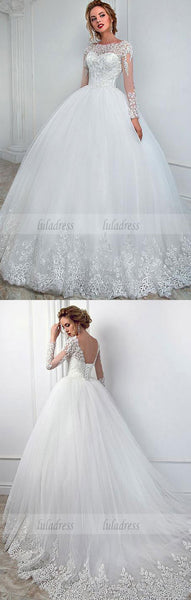 Sheer Neck Ivory Wedding Dress with Long Sleeves,BD99524