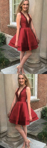 v neck prom short dress,burgundy homecoming dress,short cocktail dresses