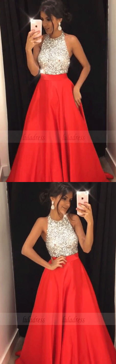 Luxurious Beaded Halter Long Satin Prom Dresses Ball Gowns