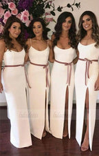 elegant white spaghetti strap bridesmaid dress with sash, sexy spaghetti strap white wedding party dress with split