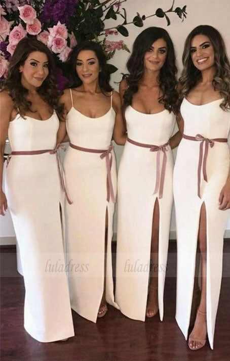 elegant white spaghetti strap bridesmaid dress with sash, sexy spaghetti strap white wedding party dress with split