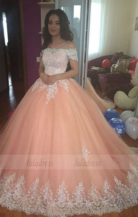 Elegant Lace Off The Shoulder Tulle Ball Gowns Quinceanera Dresses Coral Wedding Dress
