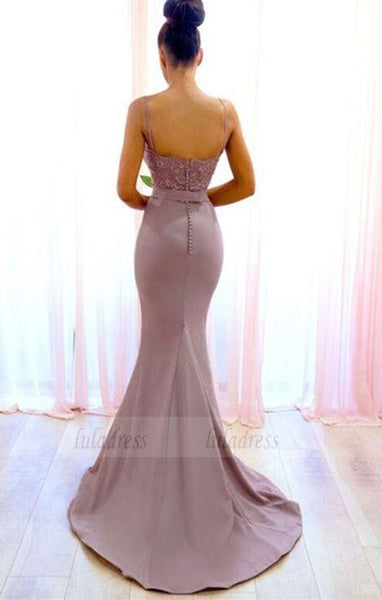 Mermaid Spaghetti Straps Sweep Train Bridesmaid Dress with Lace, long bridesmaid dresses,BD98107