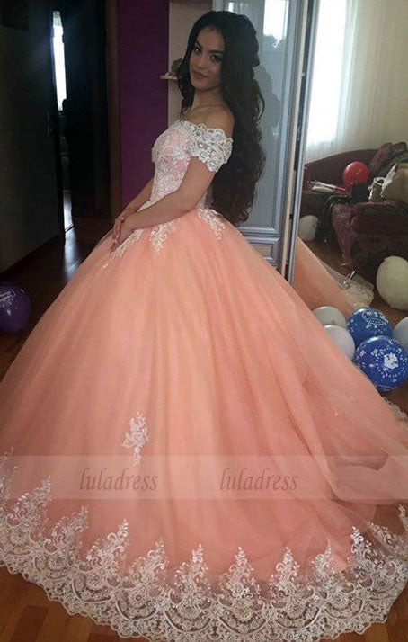 Elegant Lace Off The Shoulder Tulle Ball Gowns Quinceanera Dresses Coral Wedding Dress