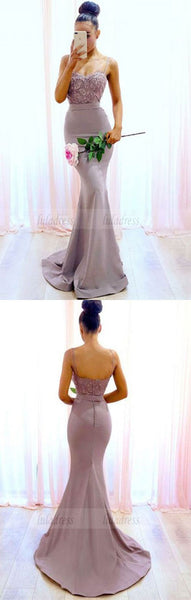Mermaid Spaghetti Straps Sweep Train Bridesmaid Dress with Lace, long bridesmaid dresses,BD98107