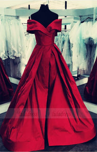 burgundy Satin V-neck Off The Shoulder Ball Gowns Prom Dresses With Leg Split,BD98062