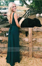 Charming A-Line V-Neck Backless Floor-Length Dark Green Satin Bridesmaid/Prom/Evening Dress
