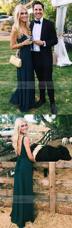 Charming A-Line V-Neck Backless Floor-Length Dark Green Satin Bridesmaid/Prom/Evening Dress