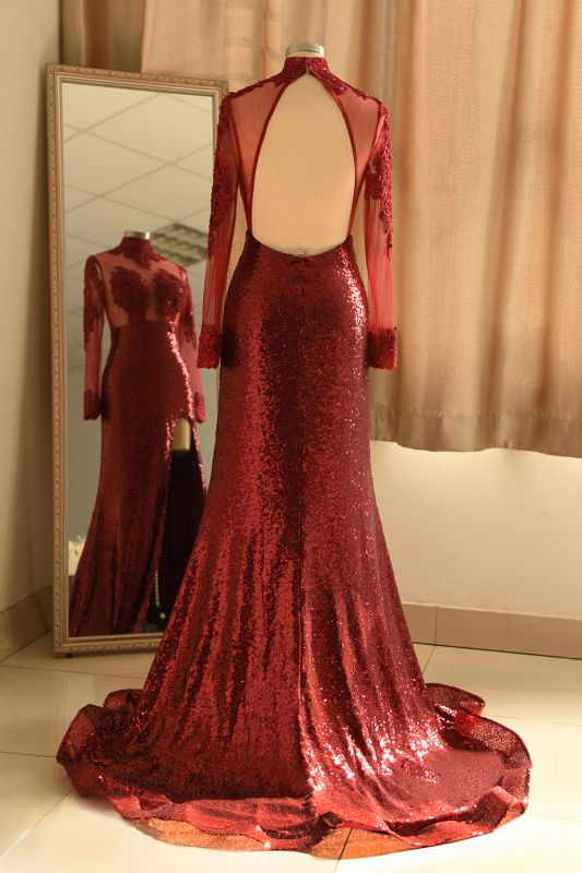 navy blue dress for baby girl Sexy High-Neck Burgundy Sequined Slit Prom Dress